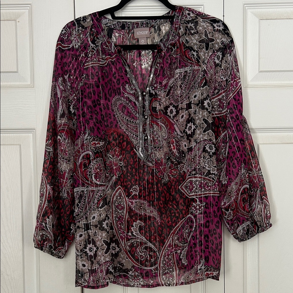 Chico's Pink Magenta Black Paisley Blouse Size Small Floral Semi Sheer Blouse